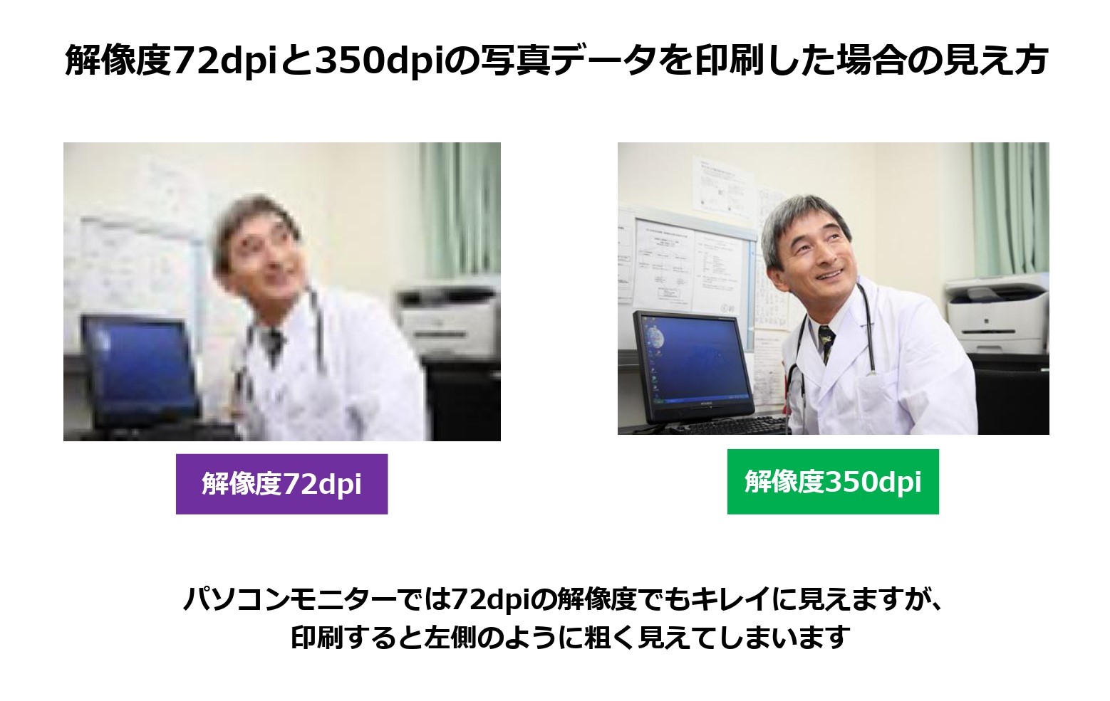 解像度72dpiと350dpiの写真データを印刷した場合の見え方